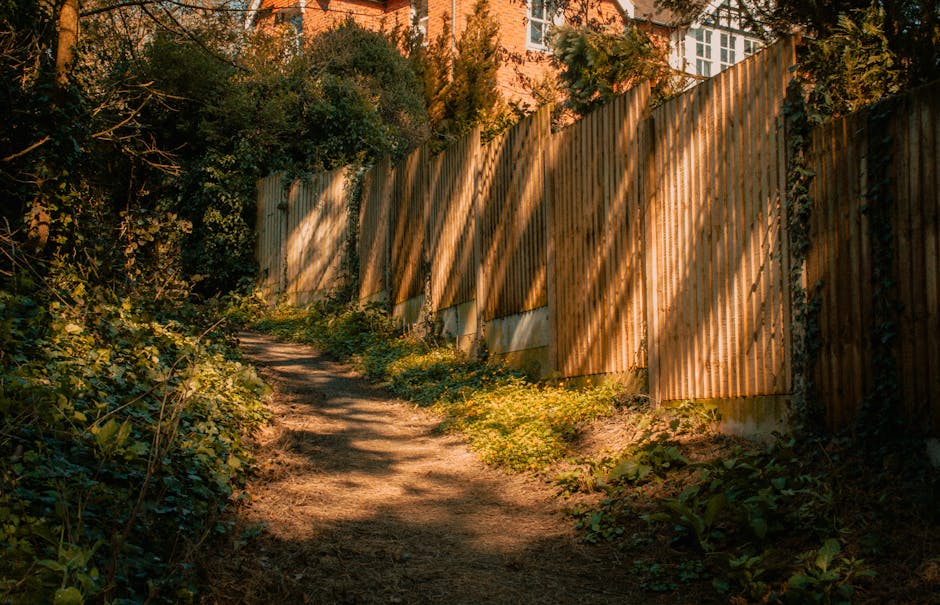 A narrow garden pathway composed of packed dirt and scattered small stones, winding alongside a wooden fence made of vertical slats. The fence casts elongated shadows across the path due to the low an